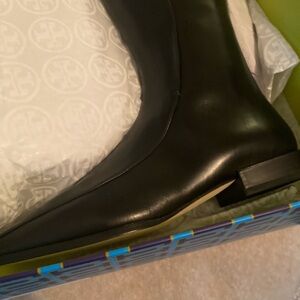 Tory Burch square toe 20mm black leather knee boot NIB 7.5M